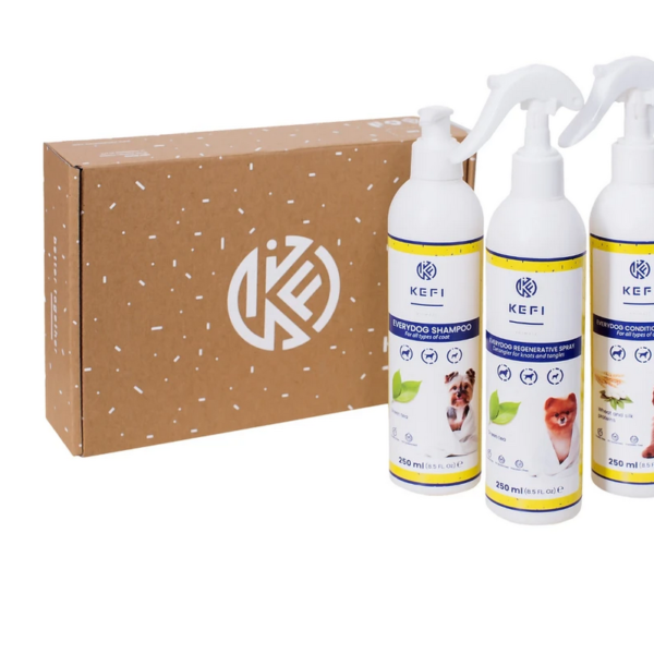Szampon i odżywka dla psa oraz spray regeneracyjny do rozczesywania włosów dla psów -zestaw KEFI ANIMALS BOX Everydog 3in1. Kupuj w zooplo.pl