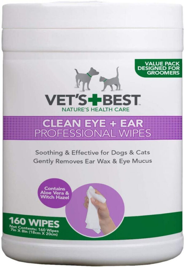 Vet's Best Chusteczki do oczu i uszu 160 sztuk w opakowaniu. Chusteczki są przeznaczone do codziennej pielęgnacji oczu i uszu psów i kotów.