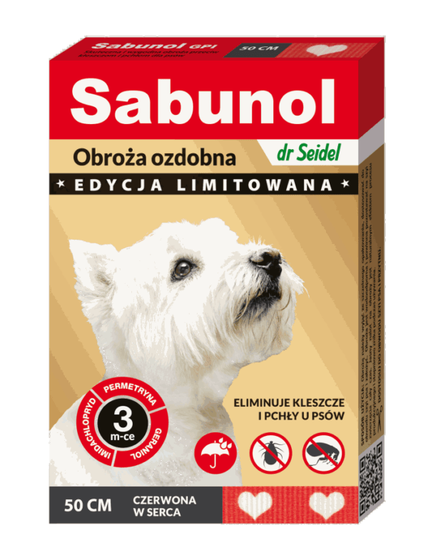 Sabunol obroża ozdobna czerwona przeciw kleszczom i pchłom dla psów 50cm
