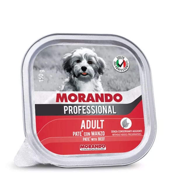 Pasztet z wołowiną dla psa Morando. mokra karma dla psów. Skład: Mięso oraz produkty pochodzenia zwierzęcego 50% w tym wołowina (5%), minerały